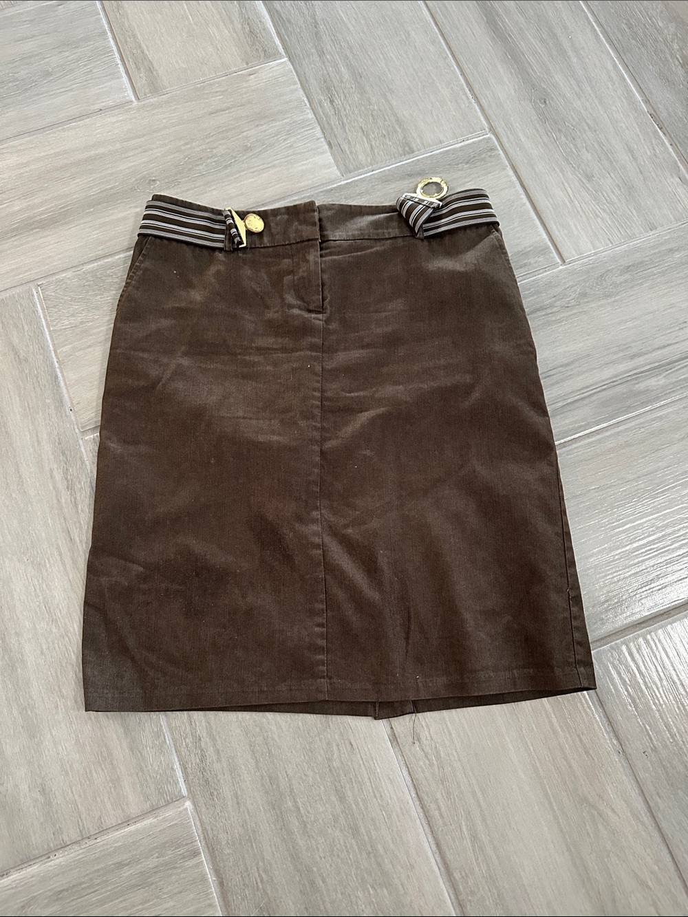 New York & Company Chocolate Brown Corduroy Pencil Skirt with Striped Waistband